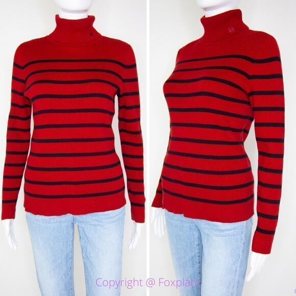 Lauren Ralph Lauren red cotton turtle neck sweater with black stripes, women's M - Picture 2 of 16